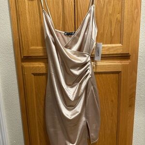 Gold Slip Dress with Cowl Neck and Spaghetti Straps